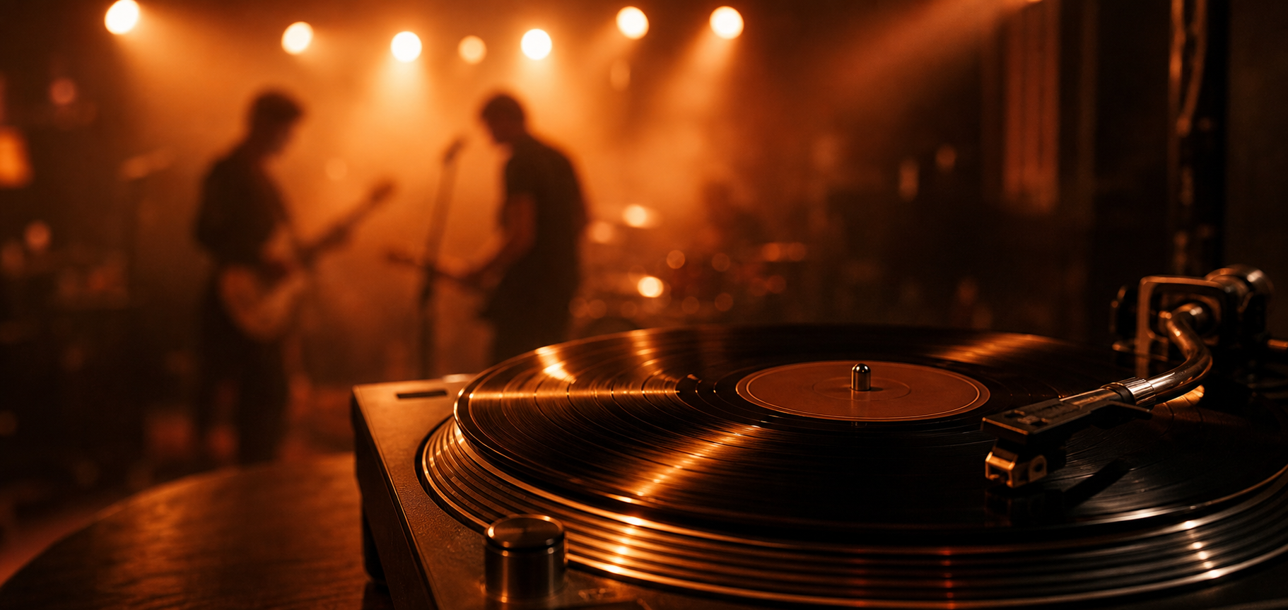 Vinylplade og liveband i varmt scenelys